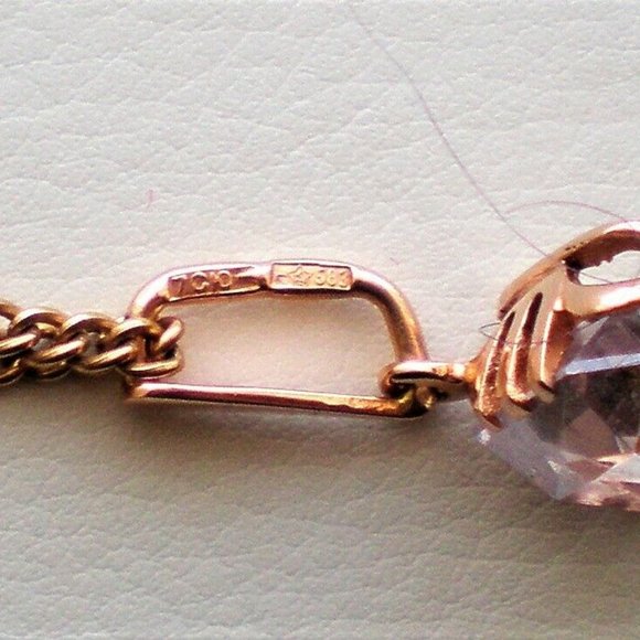 Vintage Russian 14K 585 Rose Gold Faceted Rock Crystal Pendant Necklace Chain - Picture 5 of 6